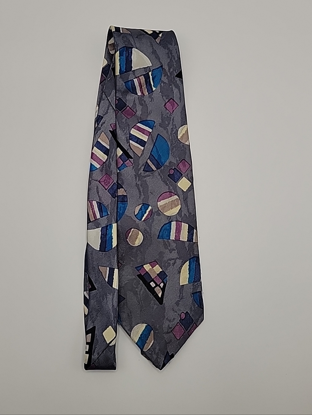 Bugle Boy Gray Tie with Blue, Purple, and Cream Geometric Print